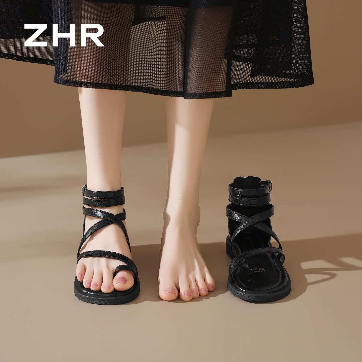 ZHR则则罗马凉鞋女2026新款夏交叉绑带平底鞋不累脚夹趾女鞋 MN39黑色38