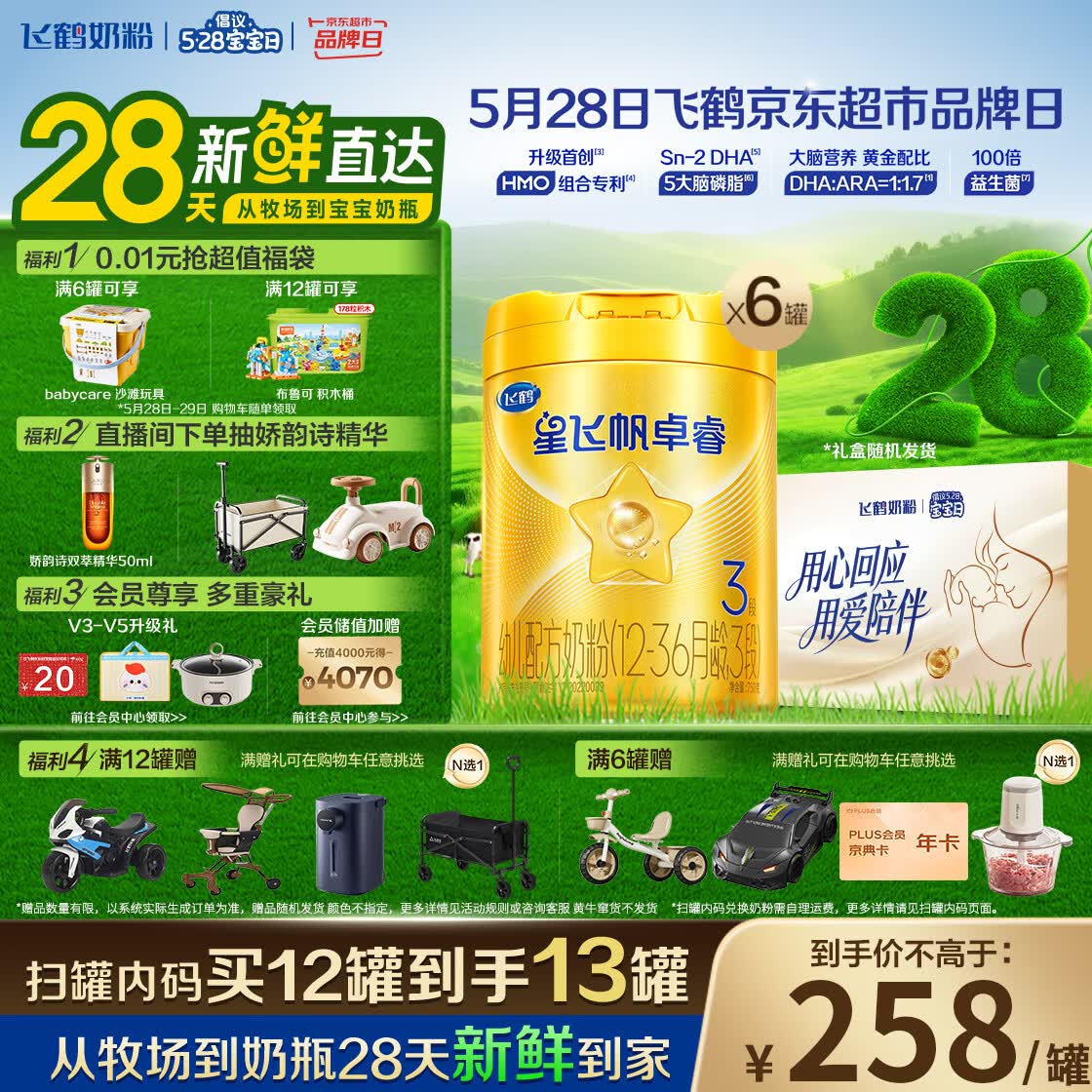 飞鹤星飞帆卓睿 3段幼儿配方奶粉(1-3岁)750g*6罐 HMO 28天新鲜直达