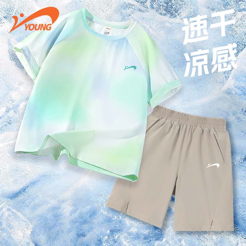 贵人鸟童装男童夏套装2026新款男大童休闲短袖t恤儿童夏季运动服 【速干套装3】蓝紫/白K-灰蓝/白K 130