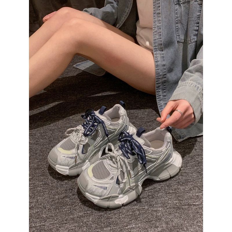 雪兰黛绑带老爹鞋女2026夏季新款软皮厚底增高鞋小个子显脚小运动休闲鞋 兰色 40