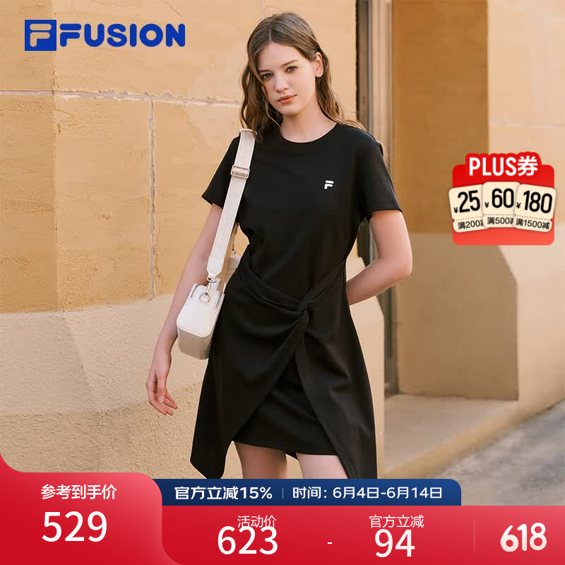FILA FUSION斐乐潮牌女子针织连衣裙2026春季新款不规则下摆T恤裙 正黑色-BK S 160/80A/S