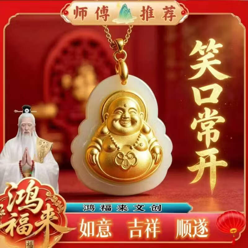 金镶玉弥勒佛吊坠项链吊坠项链平安扣无事牌和田玉挂绳玉坠