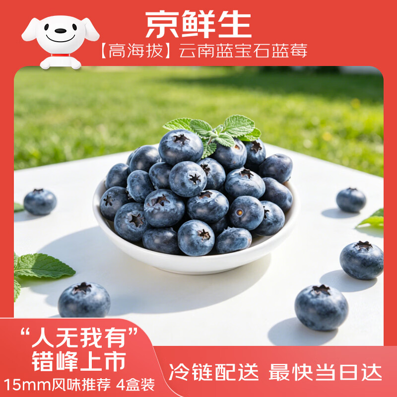 京鲜生【优质晚熟】云南高原蓝宝石蓝莓 15mm+4盒装 约125g/盒 生鲜水果