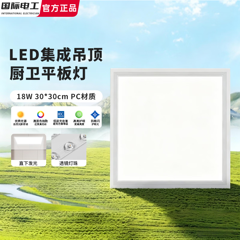 国际电工LED集成吊顶灯300x600办公室厨卫平板灯白光扣板灯300x300面板灯 （18W 30*30cm）PC 厨卫平板灯