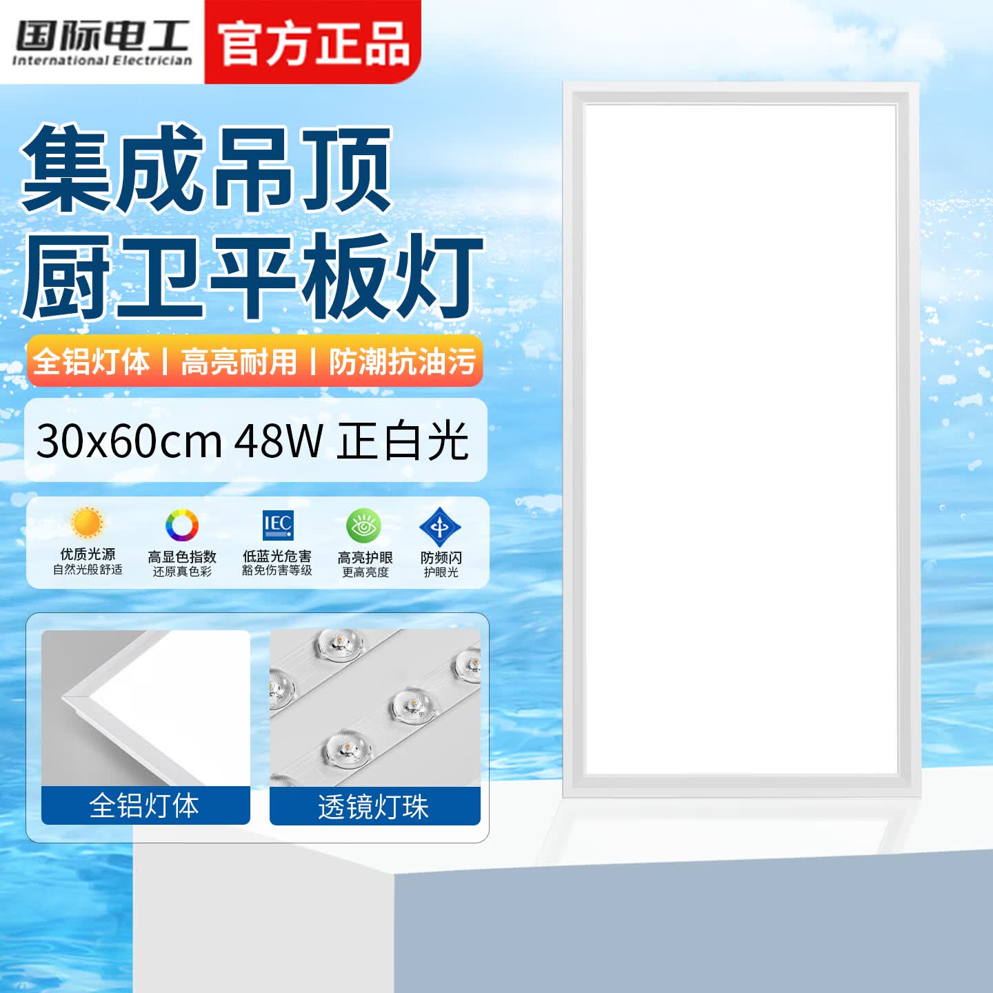 国际电工厨房灯led集成吊顶吸顶灯办公室白光扣板灯300x300浴室平板面板灯 (48W 30x60cm)铝材 厨卫平板灯