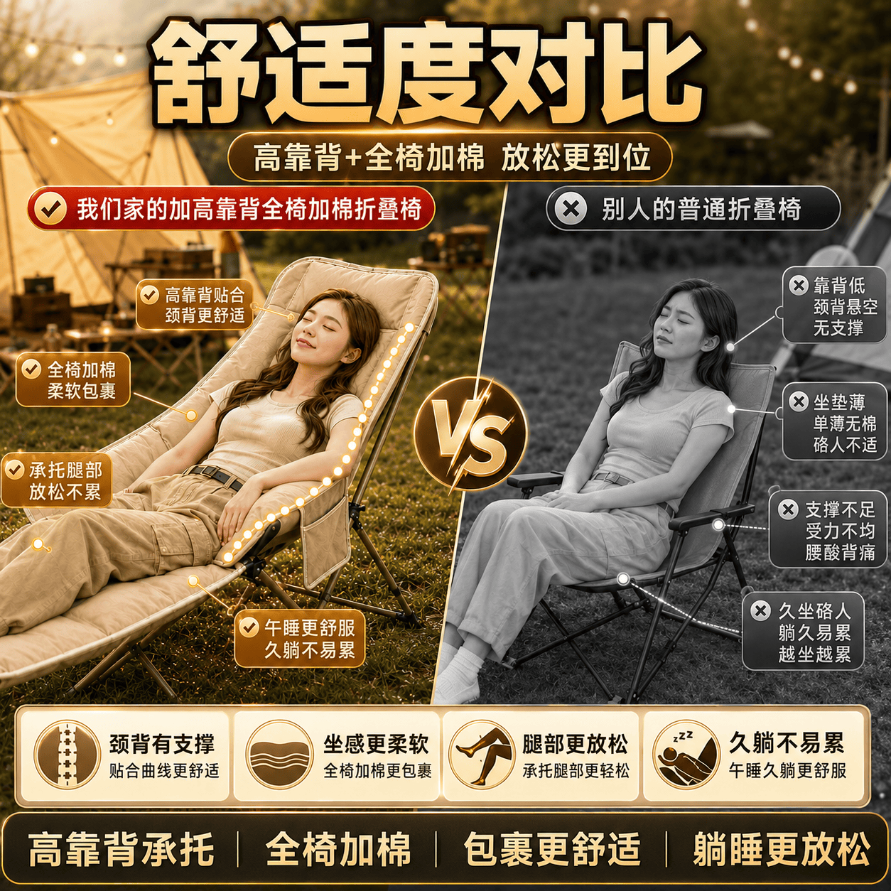 JCZS德国户外可调节折叠椅办公室露营午休可坐可躺椅午休带腿拖月 磨砂黑高靠背月亮椅【不可调节】