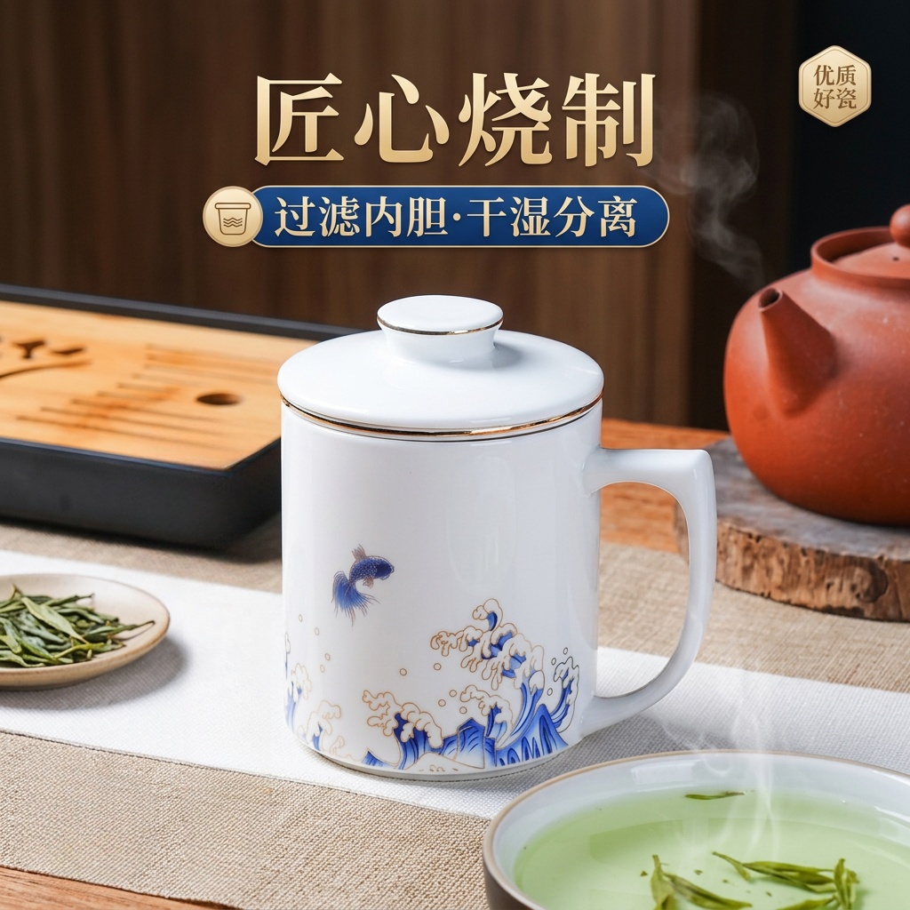 唯铭诺（WEIMINGNUO）陶瓷马克杯茶水分离杯办公室水杯带盖泡茶过滤泡茶杯锦鲤三件杯