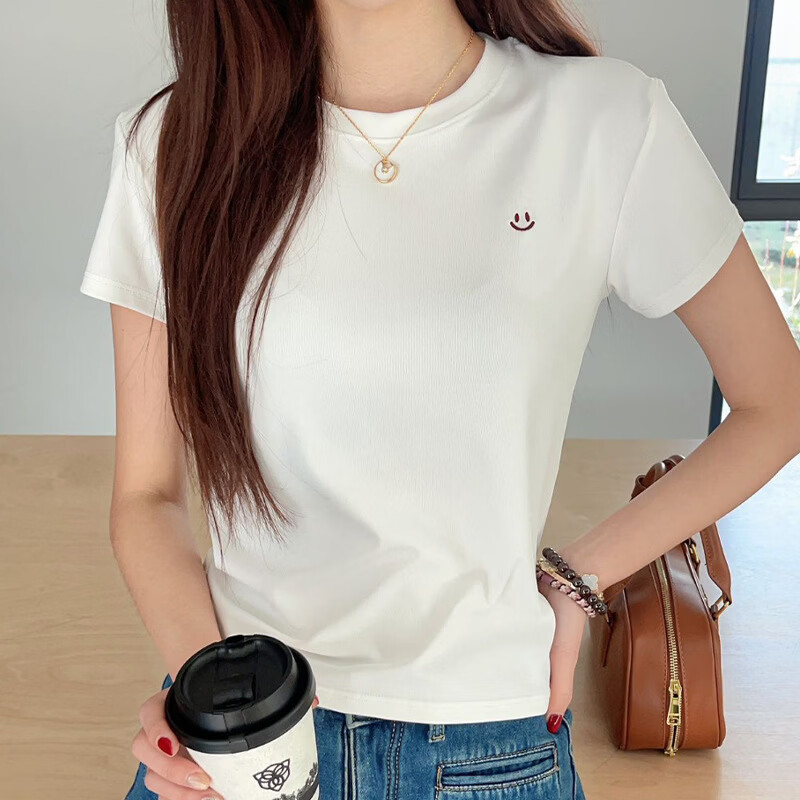 有只绵笑脸圆领可爱风夏季短袖t恤女正肩上衣半袖弹力修身T恤衫 杏白色 XL 【115-135斤】 京东折扣/优惠券