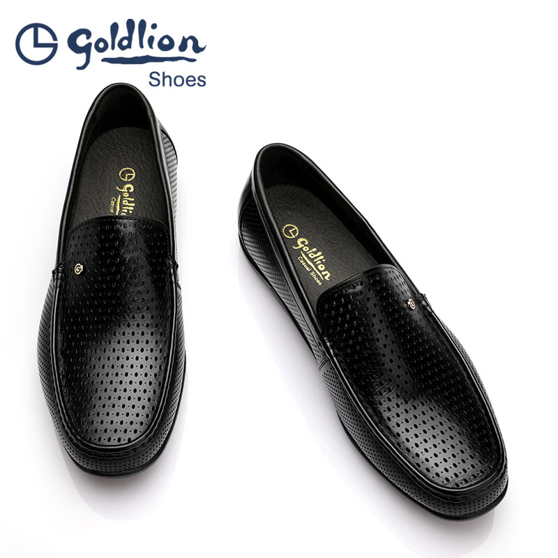 金利来（Goldlion）豆豆鞋男 夏季男士套脚凉皮鞋 冲孔透气商务休闲鞋软皮镂空凉鞋男 黑色 42 比标准码皮鞋偏大一码