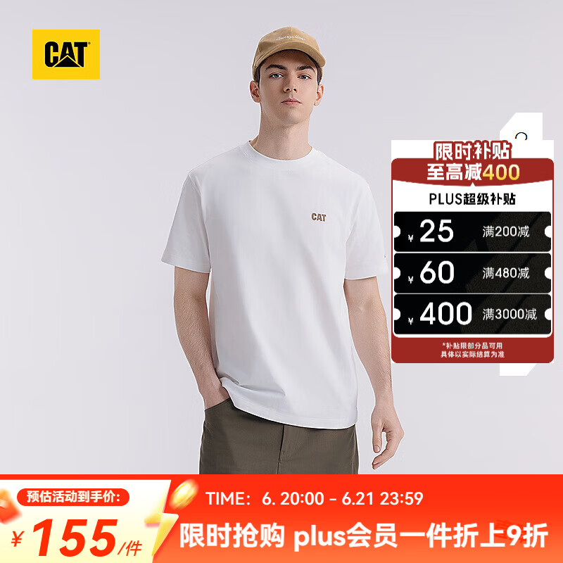 卡特（CAT）夏季男士短袖全棉户外通勤美式微落肩山系印花图案简约百搭T恤 杏色 2XL