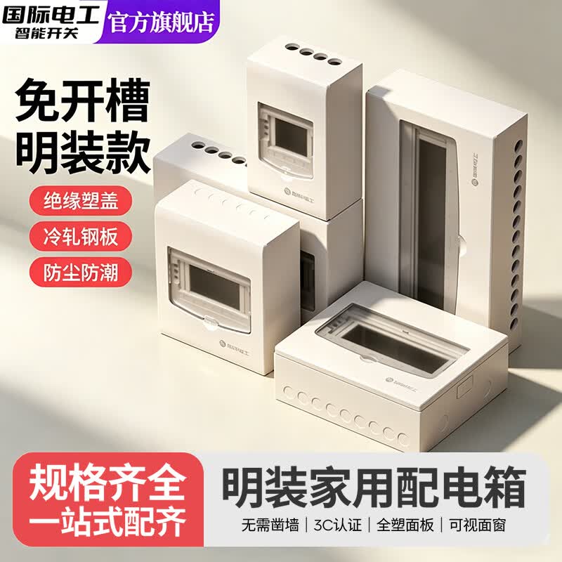 国际电工户外防水配电箱防雨强电箱明装铁底空开盒室外布线箱家用配电盒 2-4回路【明装-铁底】