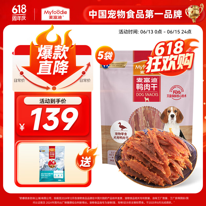 麦富迪 狗狗零食 宠物零食肉干肉条成犬幼犬通用训狗奖励零食 鸭肉干2kg（400g*5）