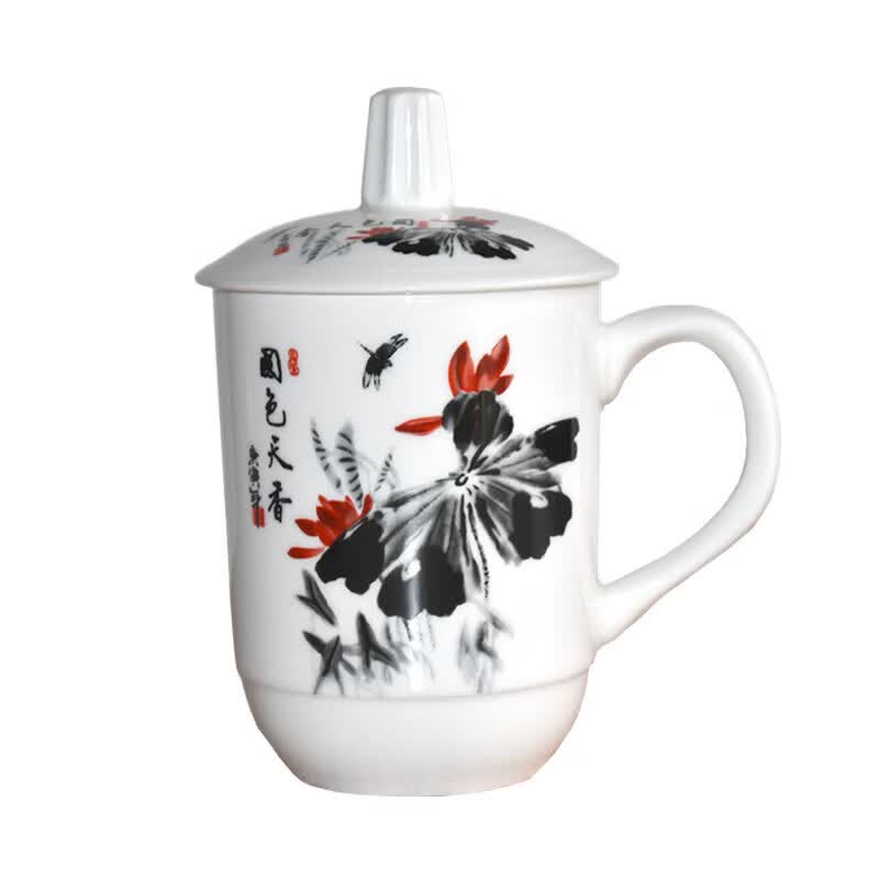 现货低骨瓷会议杯景德镇陶瓷带盖水杯办公杯商务茶杯家用茶楼用 1#报春 400ml