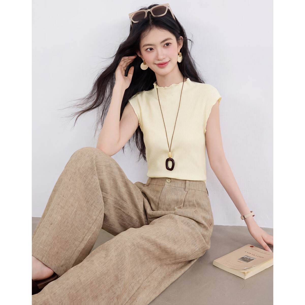 尚静高级感减龄时尚套装女2026夏季新款针织短袖T恤女阔腿裤两件套装 奶黄色 XL