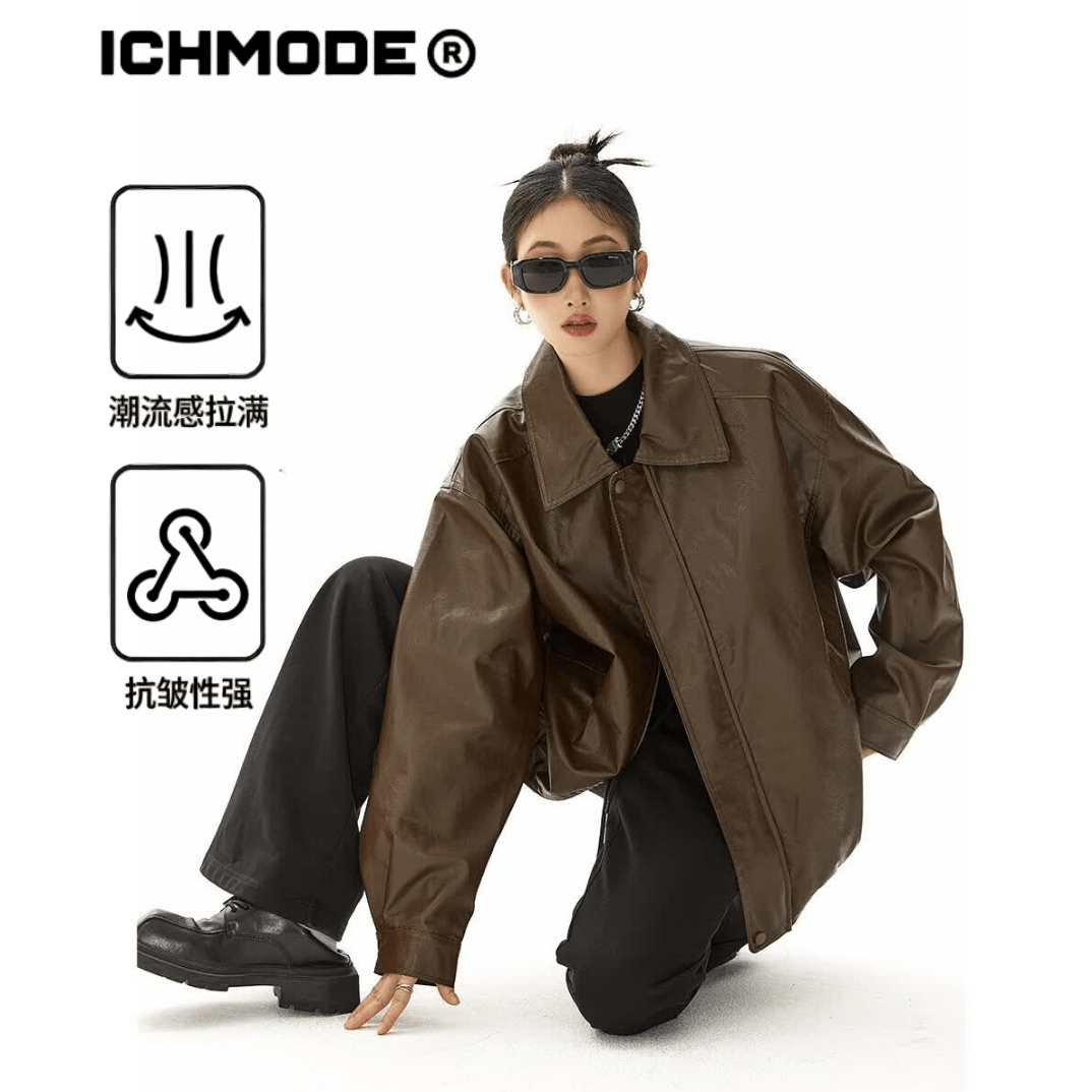 ICH MODE美式复古棕色皮衣外套女春秋美拉德皮夹克开衫上衣新款 咖色 L