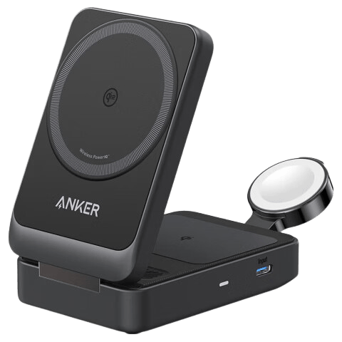 ANKER安克MagGo15W磁吸三合一无线充电器可折叠苹果手机快充同时充iPhone17Apple WatchAirPods耳机手表 【黑色】三合一|15W无线快充|可折叠