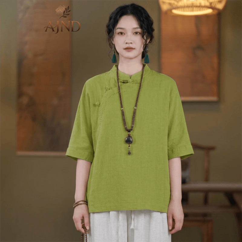 AJND原创复古新中式立领斜襟手工盘扣亚麻衬衫女短袖夏季宽松衬衣茶服 苹果绿 均码