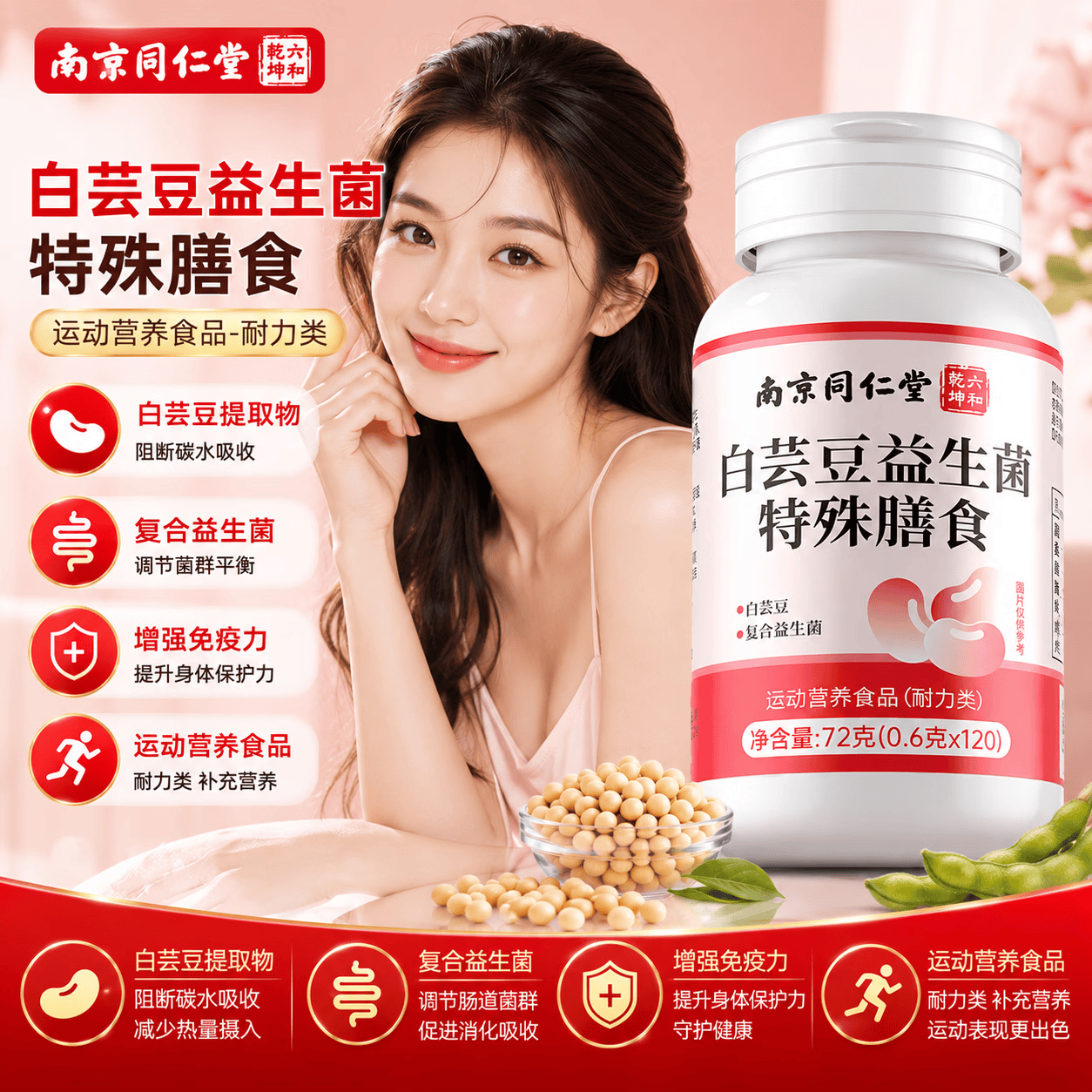同仁堂（TRT）白芸豆益生菌咀嚼片膳食纤维餐前碳水阻断片 【1瓶装】 60粒*1盒