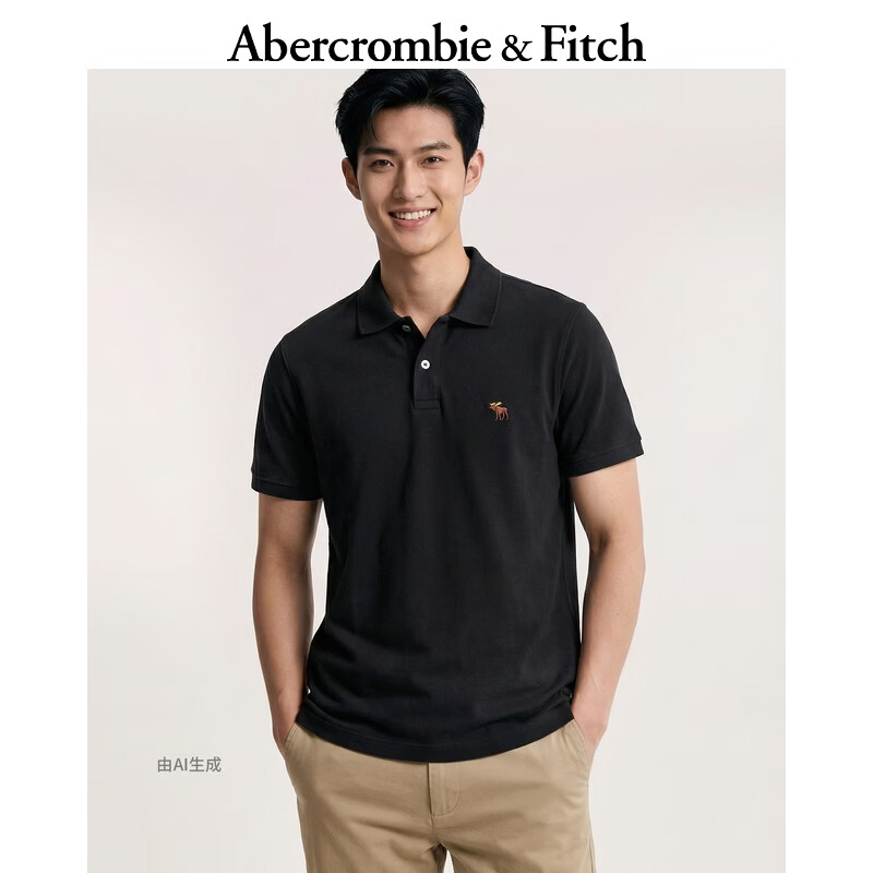 Abercrombie &amp; Fitch经典小麋鹿图案美式复古通勤百搭短袖POLO衫26春夏男装124-6035 黑色 L (180/108A)