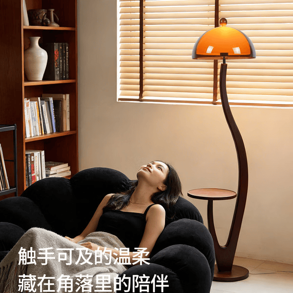 慕拉森PauLmonm中古风实木落地灯客厅沙发旁带边几日落复古美式卧室台灯 双层日落灯罩--实木款--胡桃木色--精致茶几 三色变光