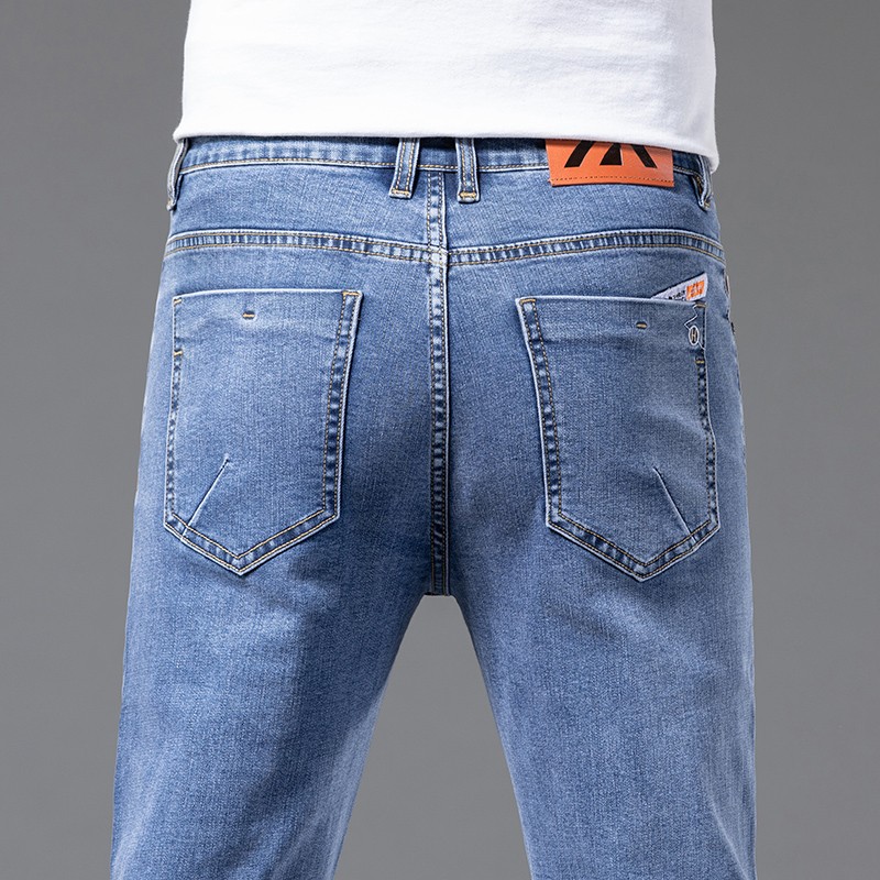 新款高档品牌牛仔裤男修身直筒商务休闲时尚弹力百搭长裤子 碧蓝色 28