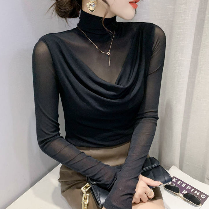 黑色网纱欧货高领打底衫女内搭早春小衫性感蕾丝紧身上衣长袖t恤 黑色