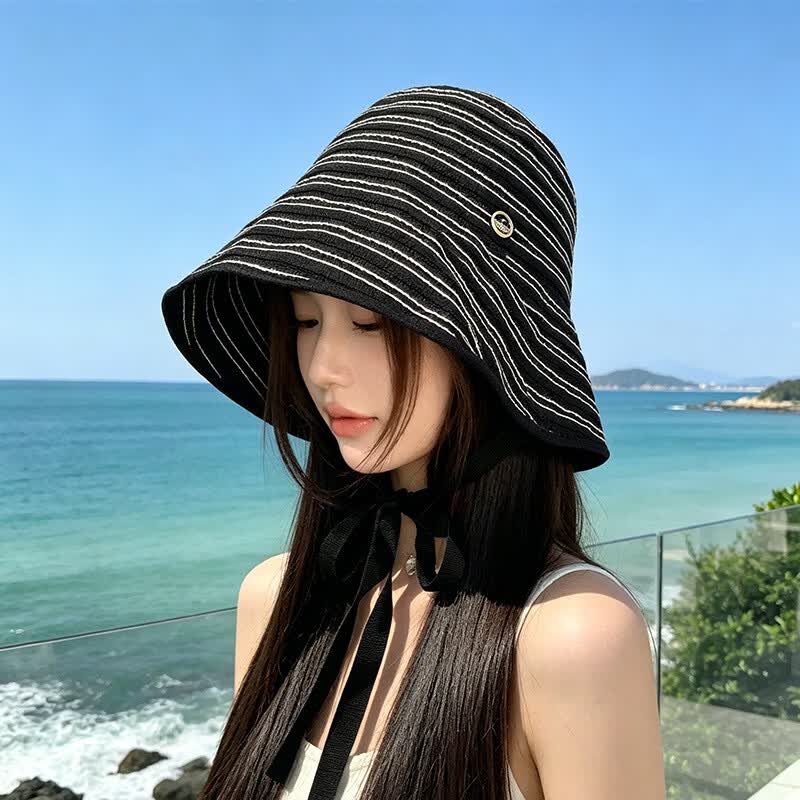 轻奢品质夏季新款防晒遮阳帽条纹渔夫帽户外显脸小太阳帽时尚百搭 黑色【条纹系带款】