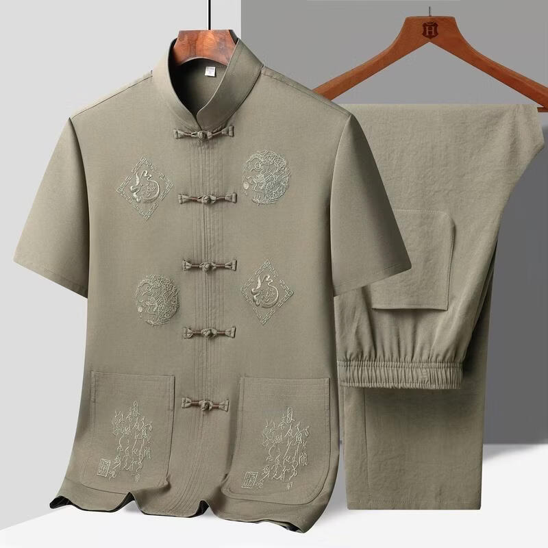 唐装男中老年人短袖套装夏季爸爸装中国风男士老年人爷爷装汉服 卡其色 福龙短袖套装 均码 44 建议185-200斤