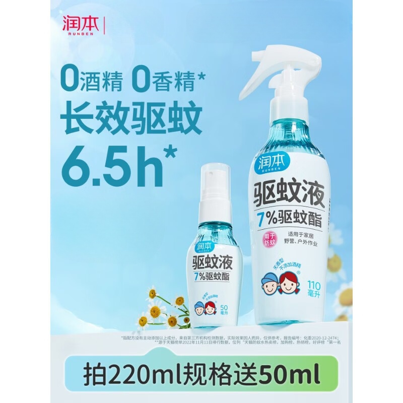 润本（RUNBEN）润本驱蚊液防蚊喷雾户外专用驱蚊水蚊怕水花露水 儿童宝宝精油贴 【赠同款50ml】220ml*1支装 ~ 80%家庭推荐