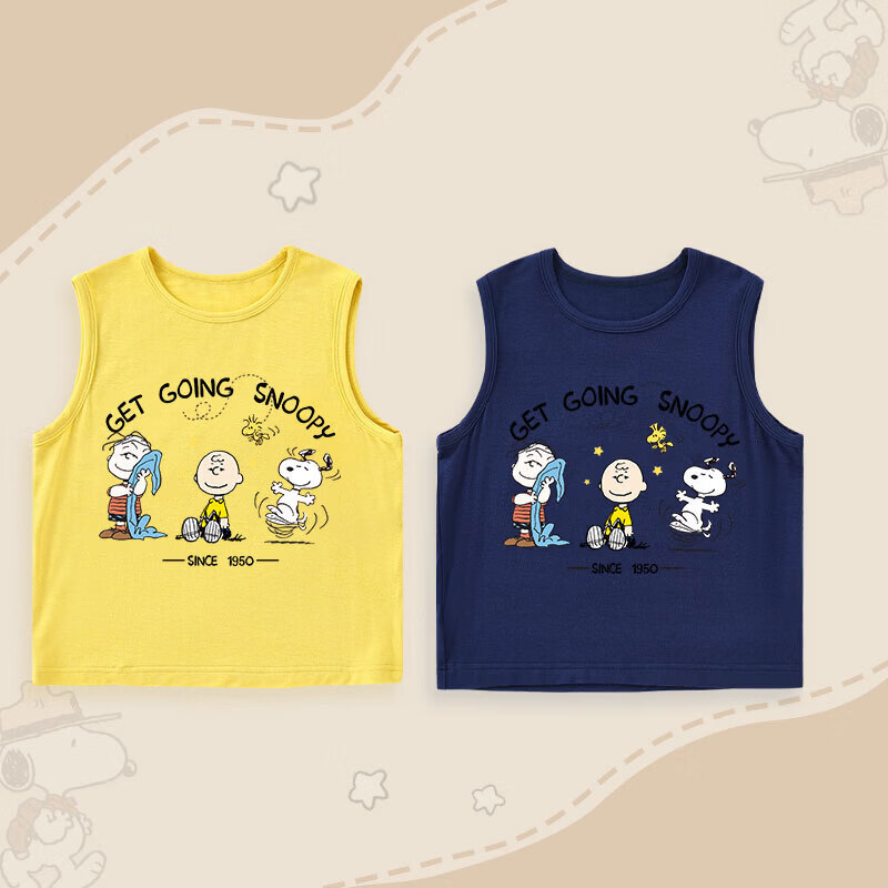 史努比(SNOOPY)男女童夏季无袖T恤背心夏季2026新款潮童运动休闲透气打底上衣 黄色-美好+藏青-美好 90