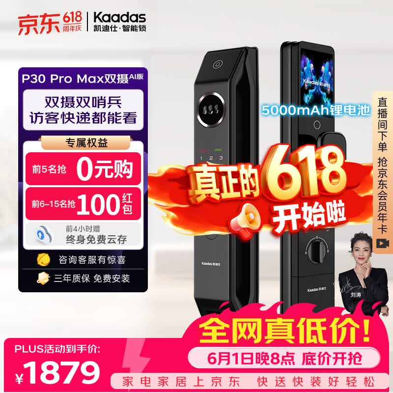 凯迪仕（KAADAS）智能门锁 双摄人脸识别可视猫眼大屏指纹锁 P30 Pro Max双摄AI版