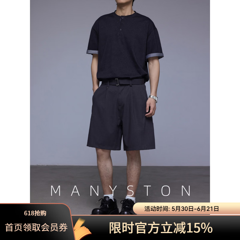 MANYSTON老钱高级感黑色五分西裤子男款夏季薄款外穿直筒宽松短裤 深灰色 M