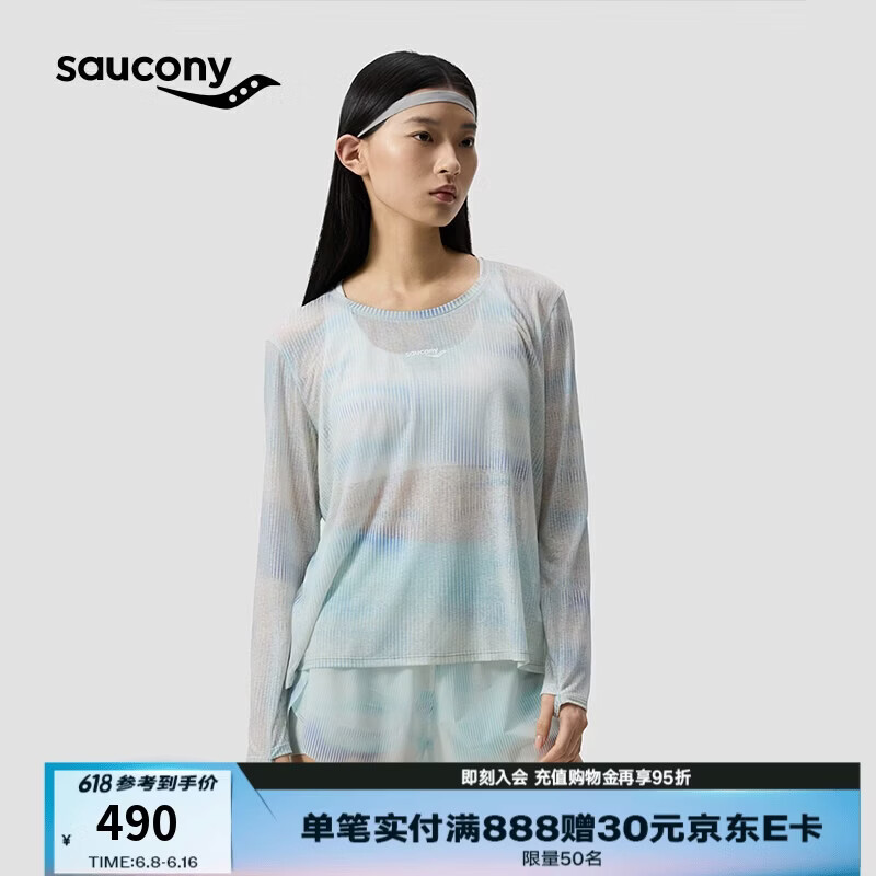 SAUCONY索康尼女子蓝白横条印花后背开衩圆领宽松长袖针织衫