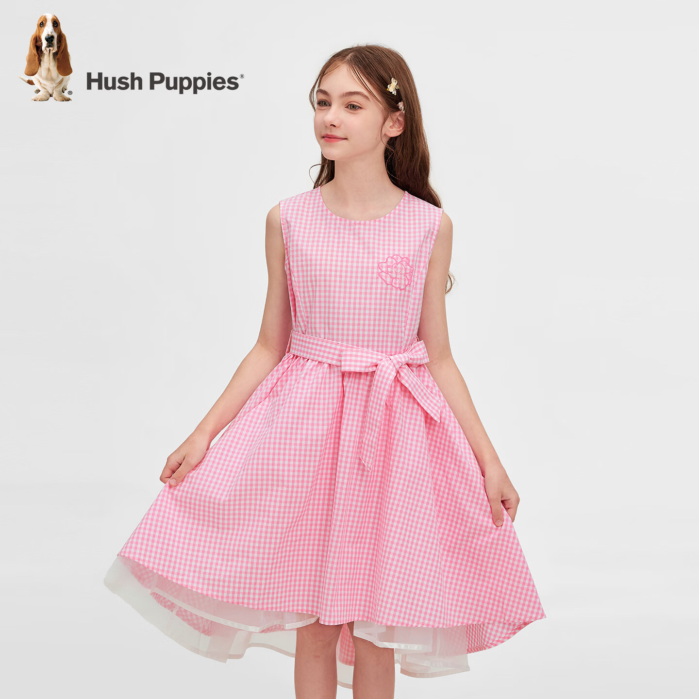 暇步士(Hush Puppies)童装儿童女童2026春夏新款无袖清新网纱格纹公主裙 草莓冰 130 cm