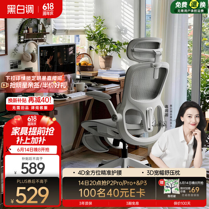 黑白调P2Pro二代人体工学椅电脑椅办公椅电竞椅子人工力学座椅4D腰托