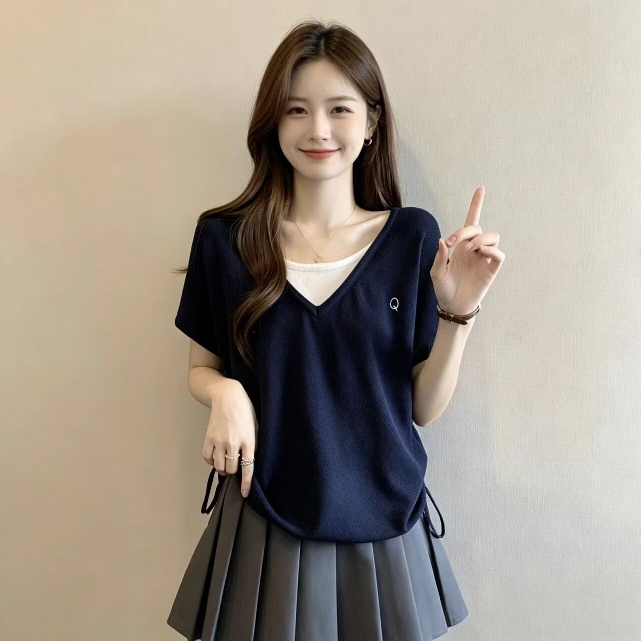 大码宽松显瘦女士t恤2026新款夏季微胖mm假两件百搭短袖高端洋气 藏青色 2XL