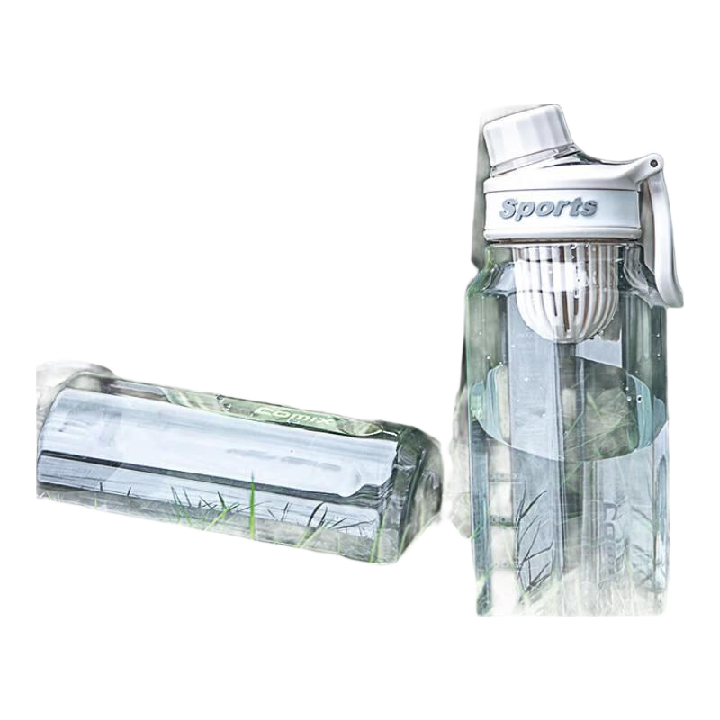 齐心塑料水杯大容量夏季男女学生运动便携茶水分离加厚杯子1000ml 【双饮弹盖】850ml连盖提手 白