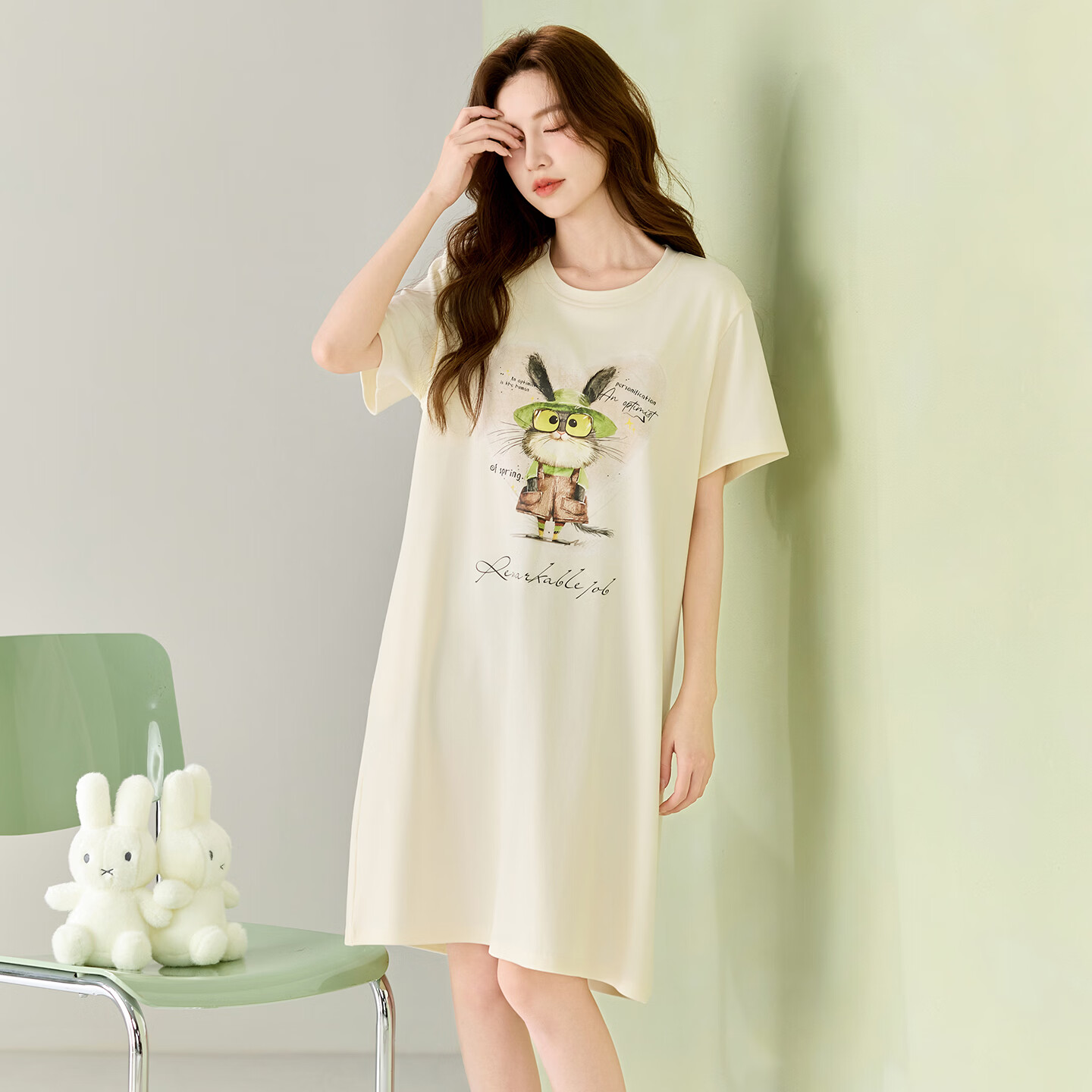 莫代尔带胸垫新款纯棉可爱卡通薄款睡裙家居服夏青年女士圆领短袖连衣裙 XC12645 2XL