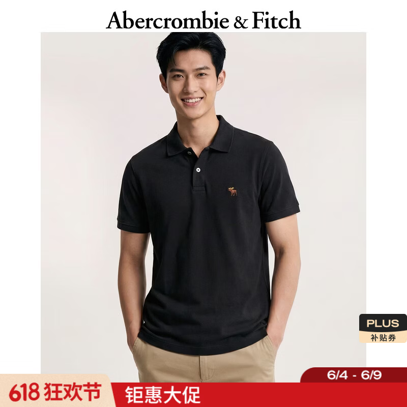 Abercrombie &amp; Fitch经典小麋鹿图案美式复古通勤百搭短袖POLO衫26春夏男装124-6035 黑色 L (180/108A)