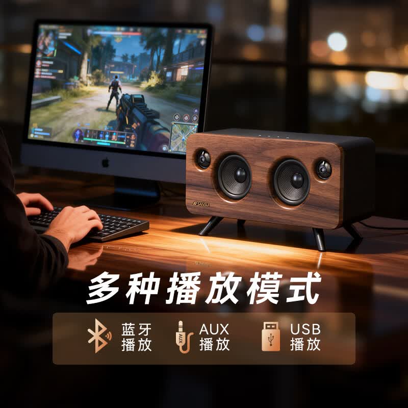山水(SANSUI)S66高品质无线蓝牙音箱低音炮重低音家用客厅HiFi桌面胡桃木复古小音响便携插卡音乐播放器 三单元丨2.2声道丨5.3蓝牙丨HiFi桌面音响