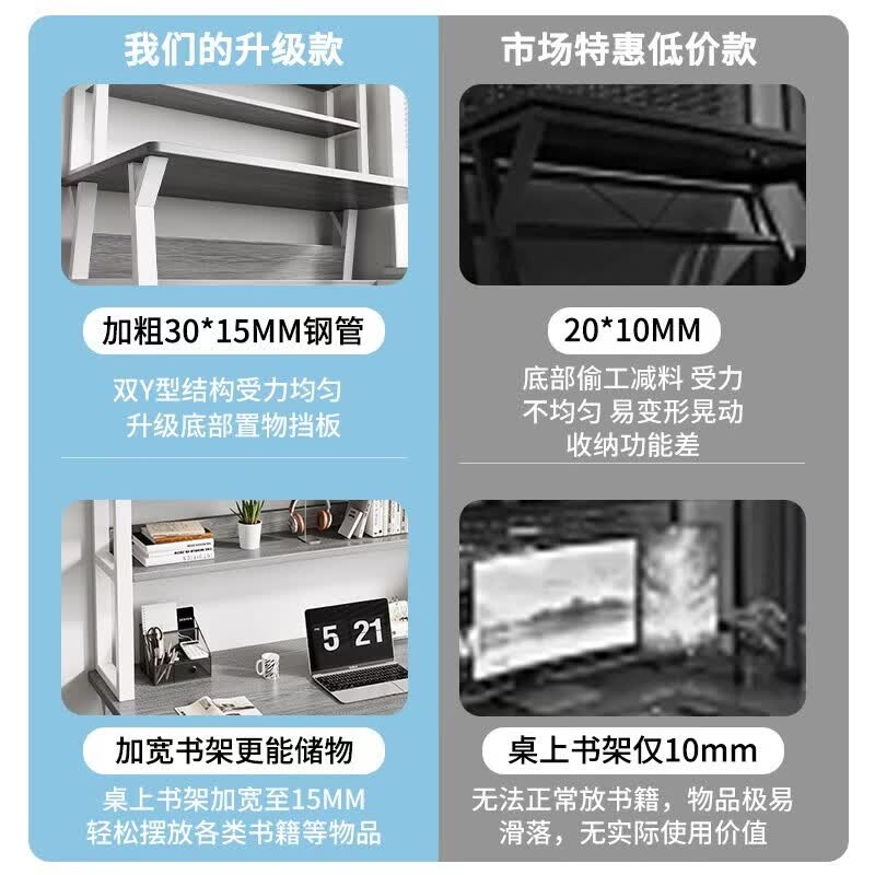 溥畔电脑桌台式书桌书架一体学习桌写字桌子卧室简约现代办公桌椅 [桌椅组合升级双层置物架]拉丝黑橡木140cm