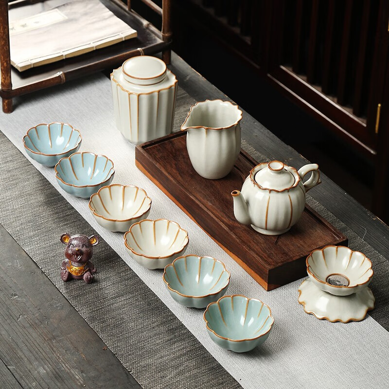 黄套组金丝铁线蝉翼开片可养茶壶茶海茶杯茶具套装 国色天香豆黄套组