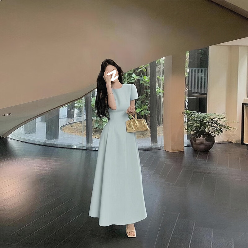 GARNUO蓝色短袖连衣裙女夏季2026新款法式高级感气质礼服裙收腰显瘦长裙 蓝色【短袖长款】 M 【101-110斤】