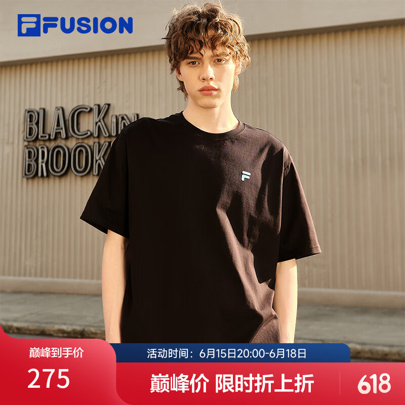斐乐 FUSION斐乐潮牌多彩章昊同款情侣针织短袖2026春新款纯棉凉感T恤 正黑色-BK M 170/92A/M