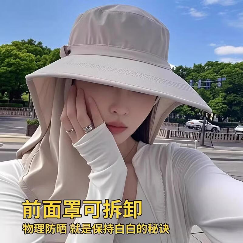 防晒面罩女夏季紫外线全脸遮阳防晒口罩护颈户外骑行透气面纱 焕新升级款深灰色 帽围可调节