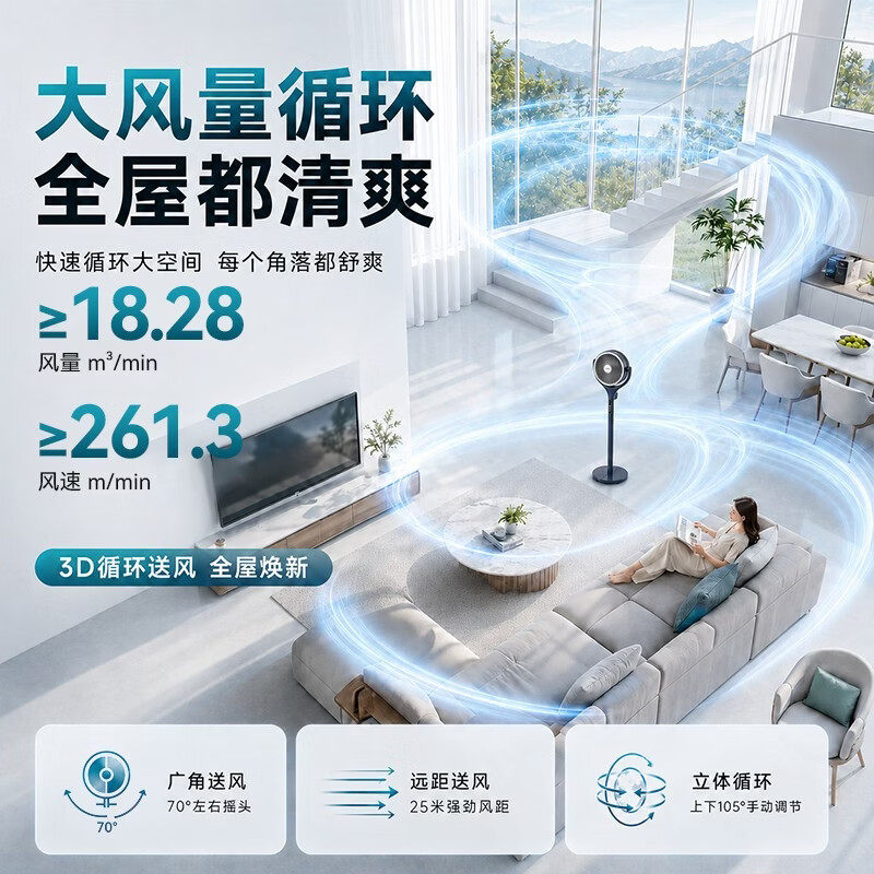 艾美特（AIRMATE）【直流电机】AI语音2026新款驱蚊空气循环扇家用电风扇抗菌扇叶负离子净化落地扇电扇空调伴侣 【蓝橙尊享款】抗菌扇叶网罩+负离子+预约定时
