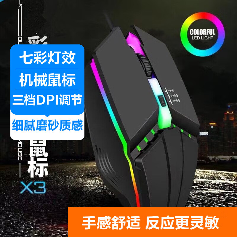 有线鼠标 游戏鼠标 办公鼠标 电竞鼠标usb接口家用电脑台式笔记本通用鼠标有线 X3电竞背光款-三档变速