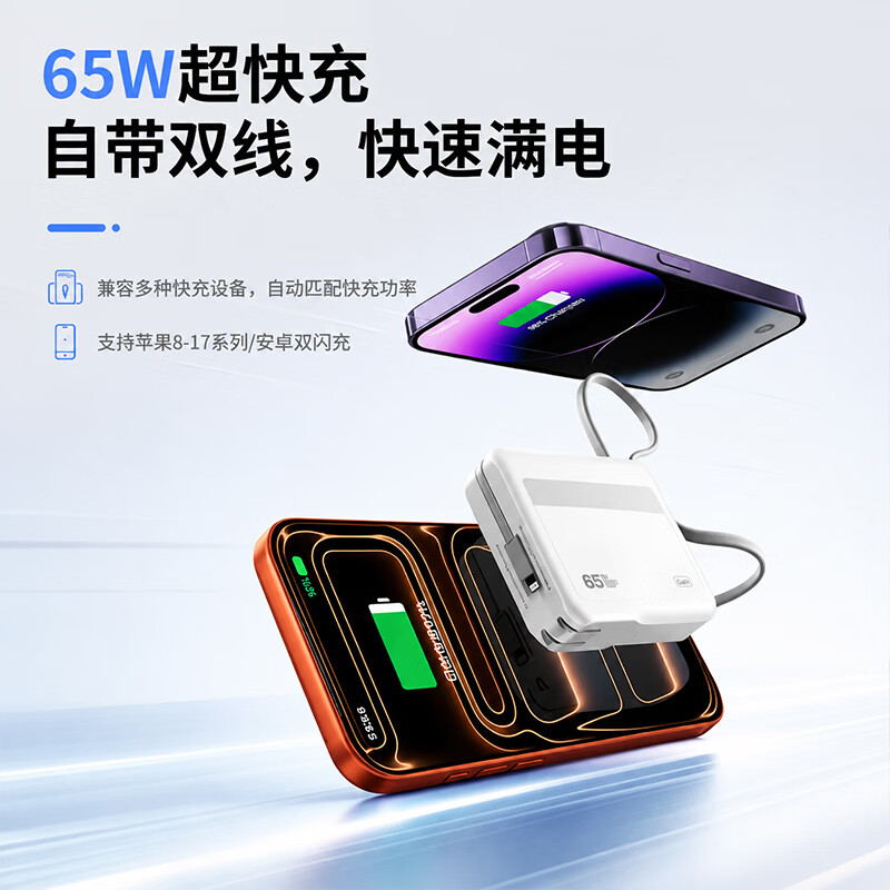 罗普仕 ROAPUSIE【26年新款丨65W大功率三合一闪充】充电宝自带线20000毫安3c认证可上飞机高铁超级快充可冲笔记本 【65W大功率】顶配版-云朵白-2万毫安 【下单赠收纳袋+7天无理由运费险】