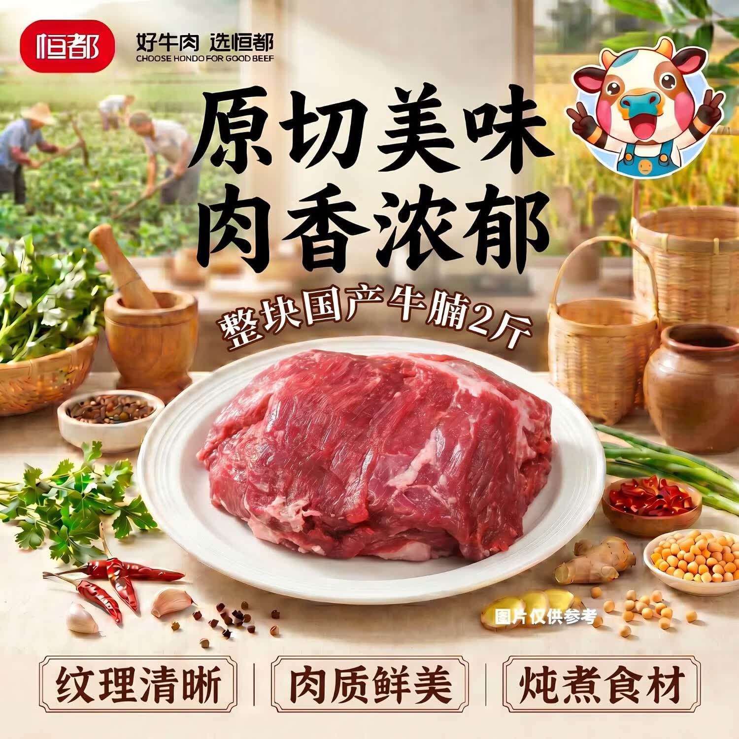 恒都 【国产谷饲300天】 整块国产牛腩2斤 不注水不滚揉 炖煮食材