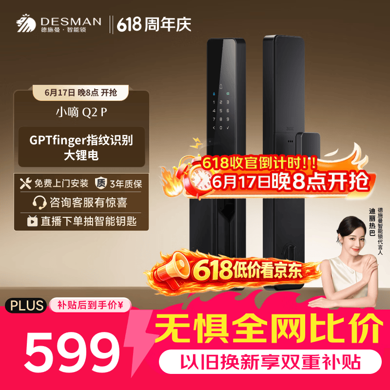 德施曼（DESMAN）智能门锁全自动C级锁芯入户门防盗指纹密码电子锁小嘀Q2P